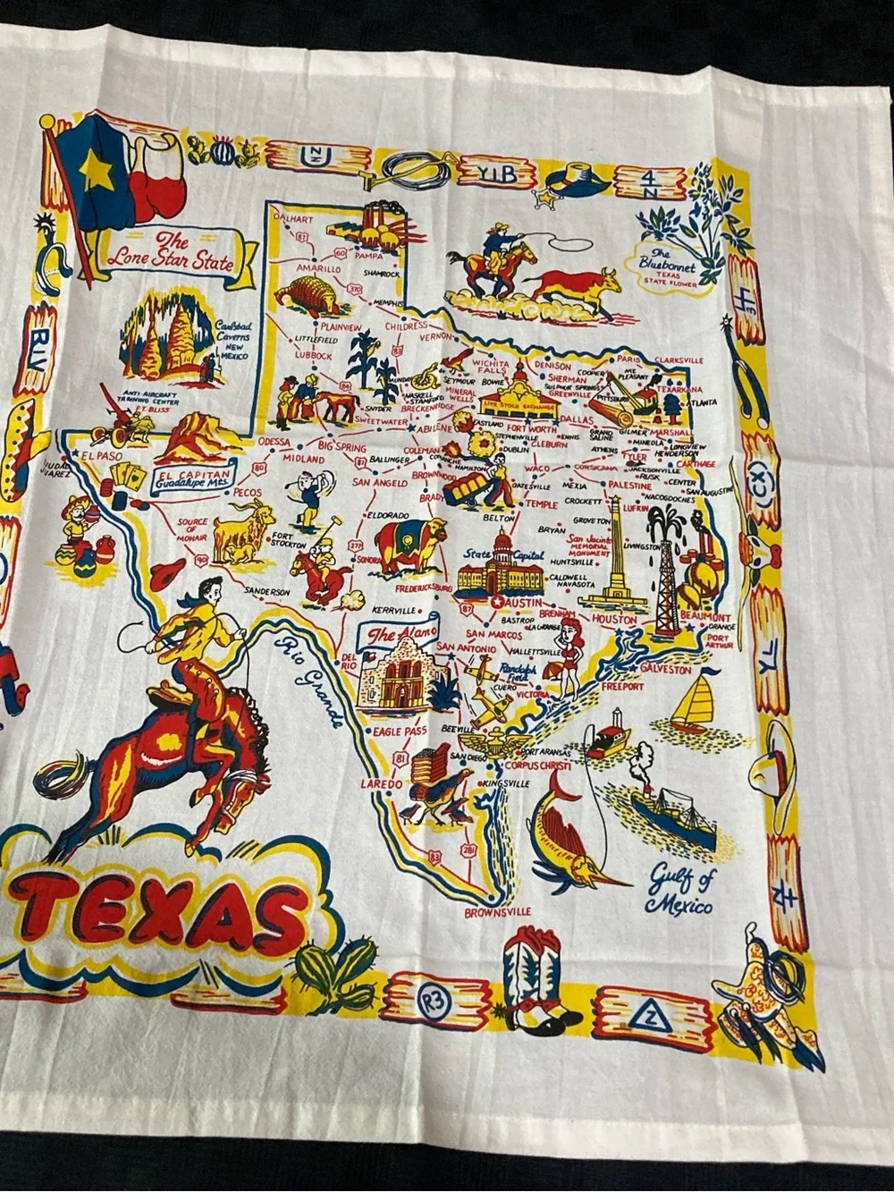 Texas souvenir Rodeo Printed Tea Towels - White with Red & Yellow Accents